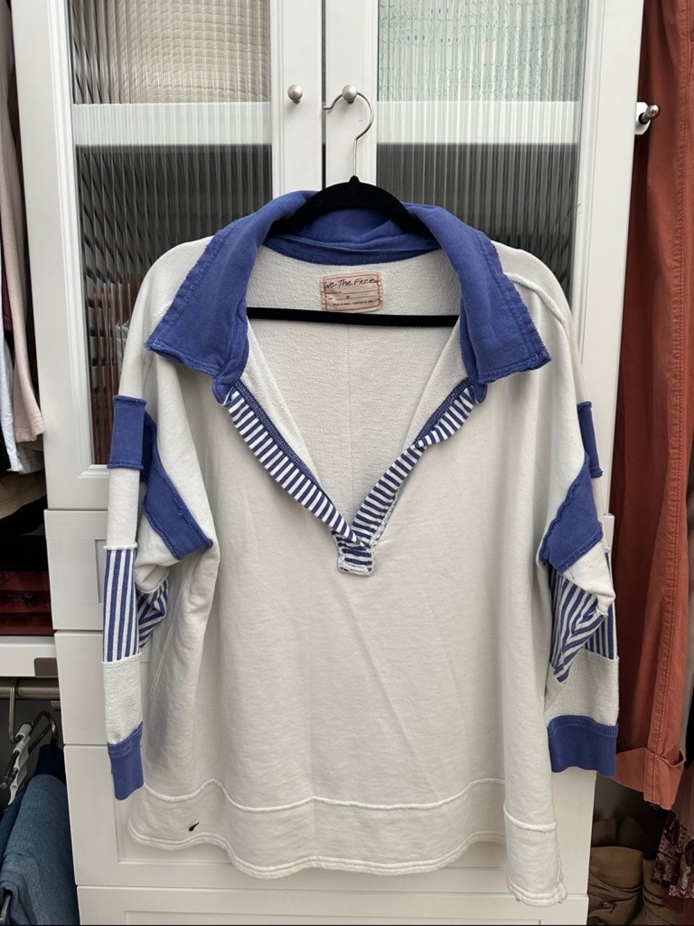 Free People Collared Pullover in White and Blue